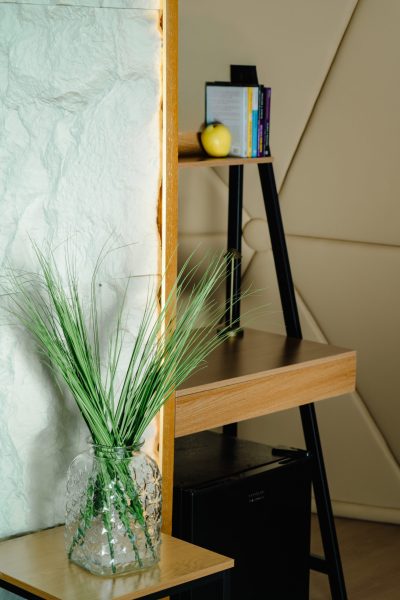 Rincón de lectura y escritorio con minibar y libros dentro del domo en El Refugio del Indio